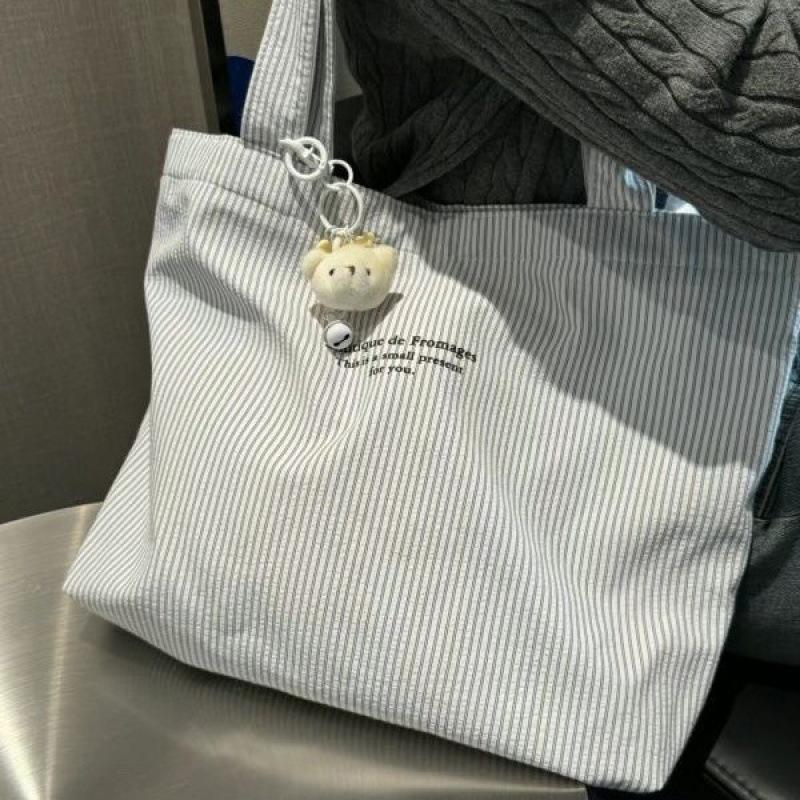 Women Shoulder Bags Casual Simple Striped All-Match Chic Commuting Korean Style Canvas Large Capacity Shopping College
