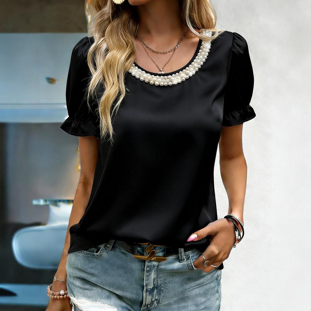 Women Elegant Satin Blouse With Pearl Neckline Puff Short Sleeve Casual Tops