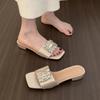 French rhinestone square buckle open-toed slippers women's shoes wear 2025 summer with skirt silver thick heel sandals