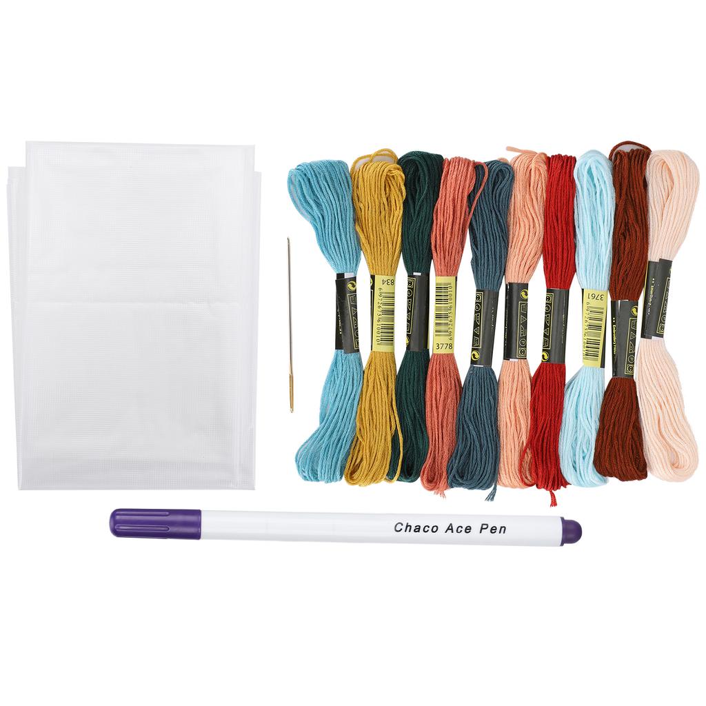 Cross Stitch Set 10 Color Embroidery Thread Water Soluble Cloth Needle Kit for Beginner