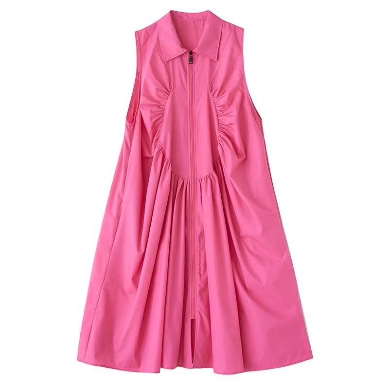 

XITAO Zipper Pleated Lapel Dress GYX1549 One Size розы красного