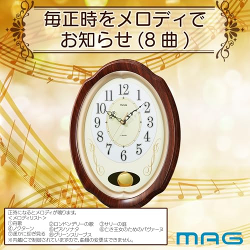 MAG Wall Clock, Radio-Controlled, Analog, Pendulum, Melody, Time Signal, Automatic Stop, Volume Control, Nighttime Second Hand Stop, 37.0cm X 27.8cm,