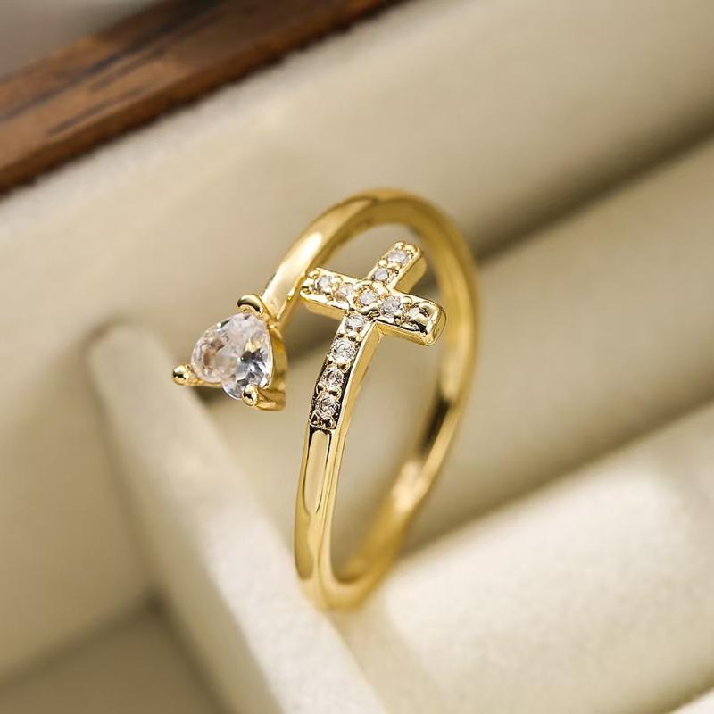 Exquisite Sparkling Zircon Heart Cross Opening Ring, Women s Fashion Trend Holiday Party Accessories resizable