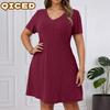 Fashion Summer Spring Solid Color Print Short Sleeve V-Neck Casual Dresses