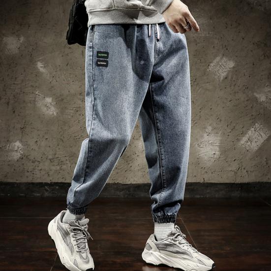 Mid-Rise Elastic Waistband Drawstring Shrinkable Cuffs Casual Jeans Men Multi Pockets Hip Hop Denim Jogging Pants Streetwear