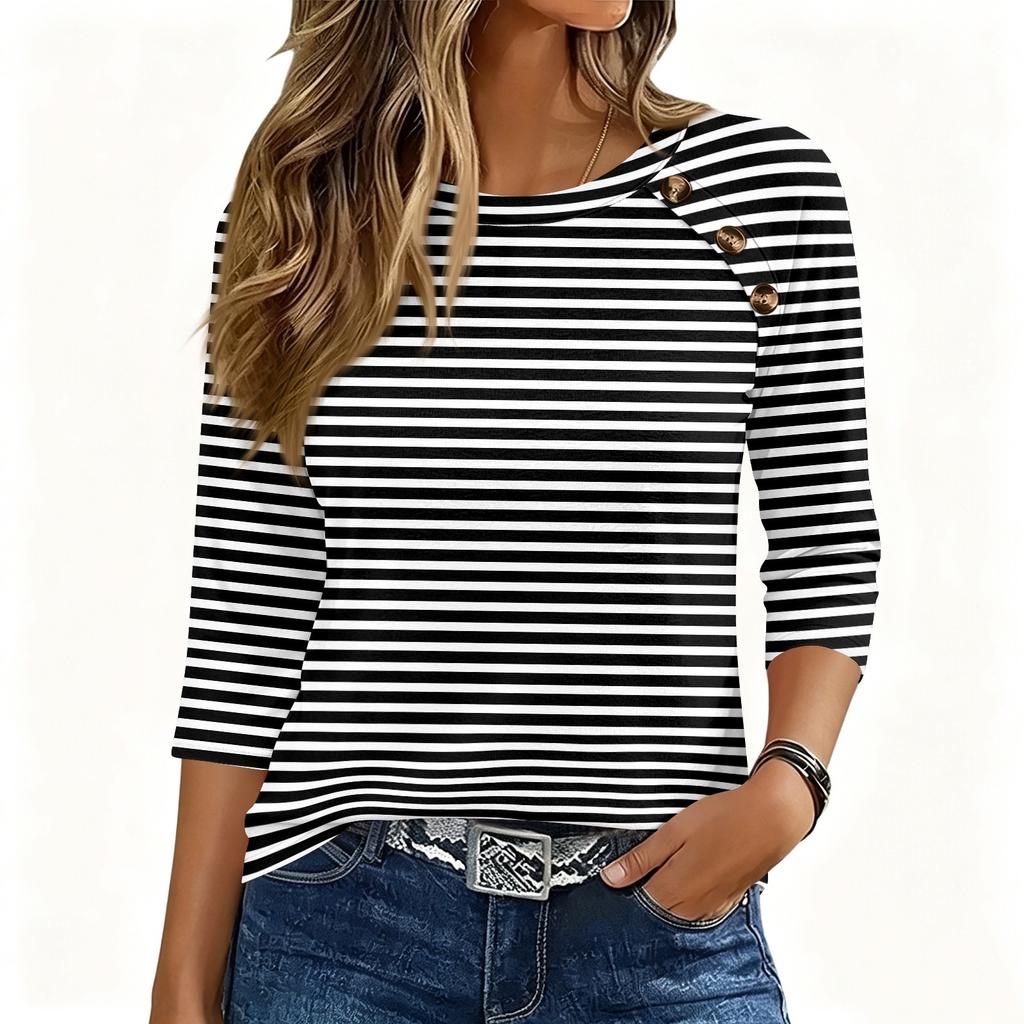 Damen T-Shirt mit 3/4 Ärmeln, Rundhalsausschnitt, Knöpfen, Lässiger Streifenprint, Lockerer Pullover für den täglichen Gebrauch, Büro, Schule, Reisen
