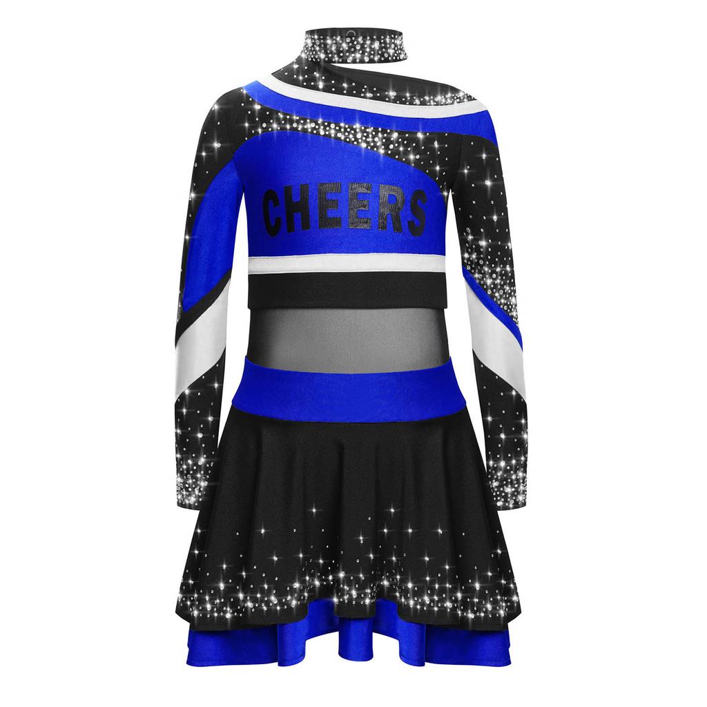 Girls Stage Performance Costume Long Sleeve Letter Print Shiny Rhinestones Color Block Cheerleading Set