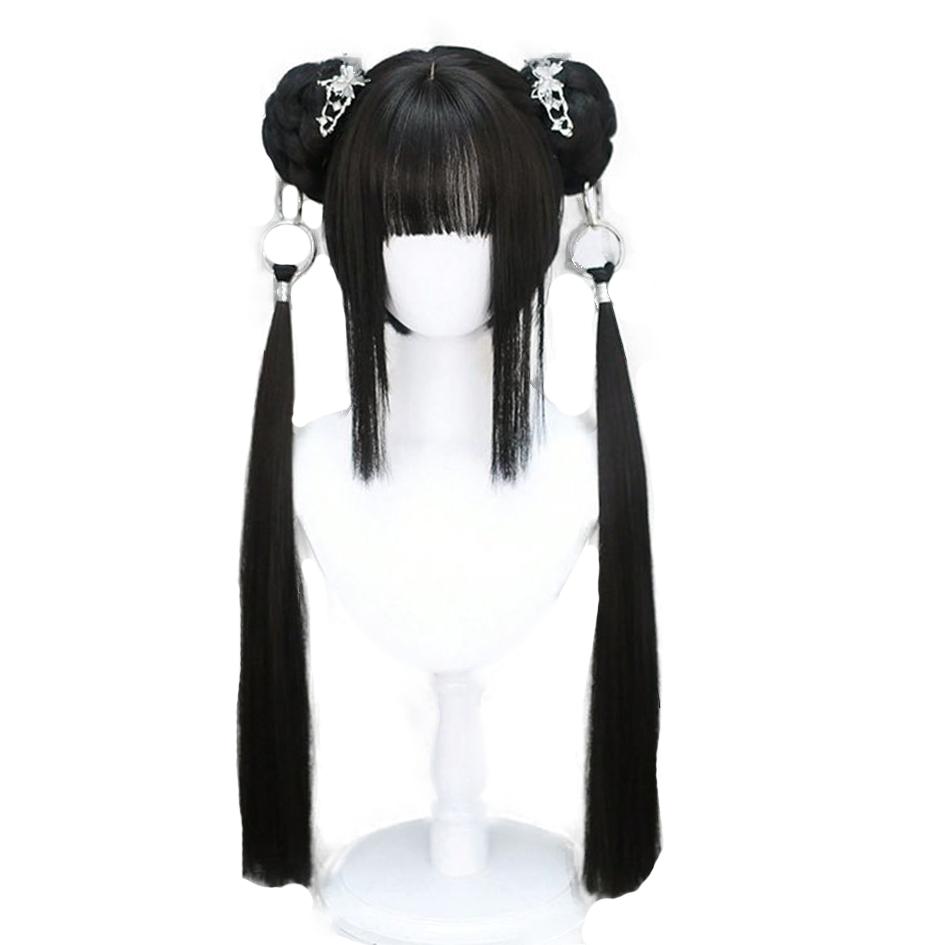 Synthetic Wig Lolita Cosplay Double Ponytail Long Straight Hair Anime Game Cosplay Hair Extensions Halloween Christmas Dress Up