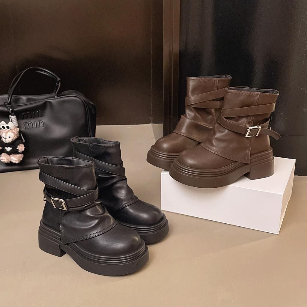 Martin boots women's 2025 new brown summer single boots platform short boots Maillard heightening pile pants tube boots