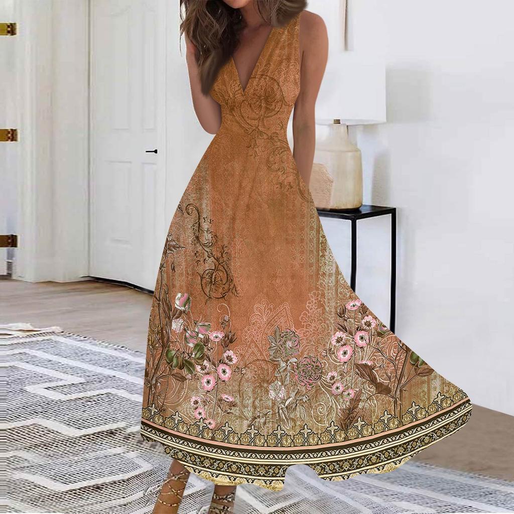 Women's Fashion Casual Loose V-Neck Sleeveless Printed Dresses