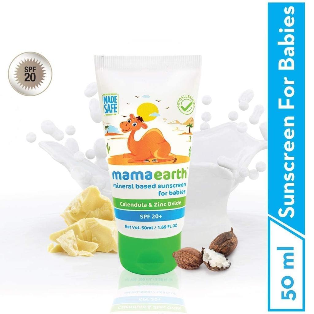 Mamaearth Mineral Sunscreen SPF 20 With Calendula & Zinc Oxide – 50ml Baby Safe Sun Protection, Waterproof & Nourishing