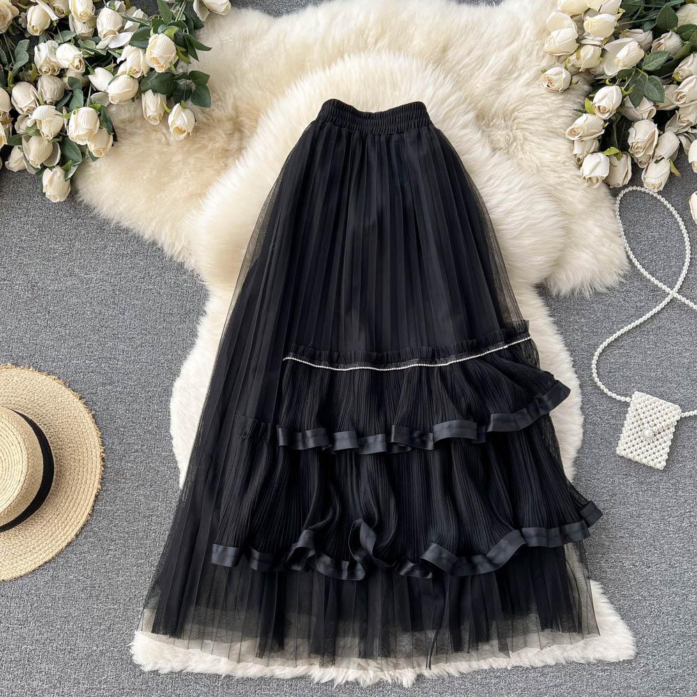 Spring Super Mesh Skirt Women's Medium Length Pleated Cake Skirt Elastic High Waist A-Shaped Large Swing Skirt Umbrella Skirt