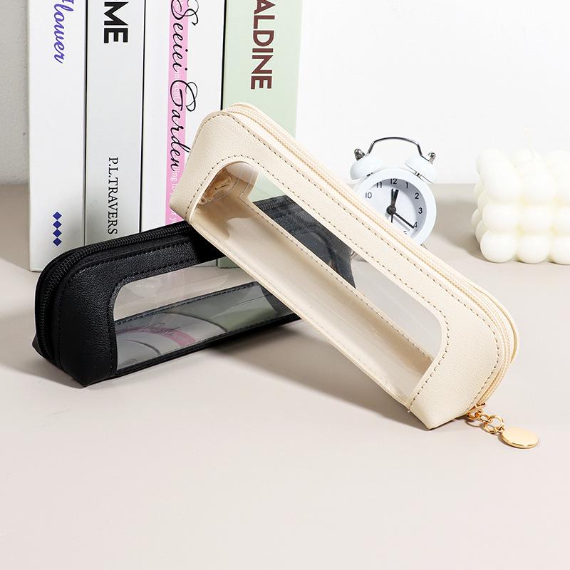 Transparent PU Leather Pencil Case with Window - 3D Stationery & Makeup Bag, Portable Storage Box