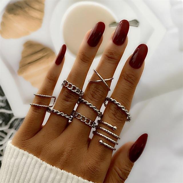 Sada prstenů s českým zlatým řetízkem pro ženy Fashion Boho Coin Snake Moon Rings Dárkové šperky Party Trend