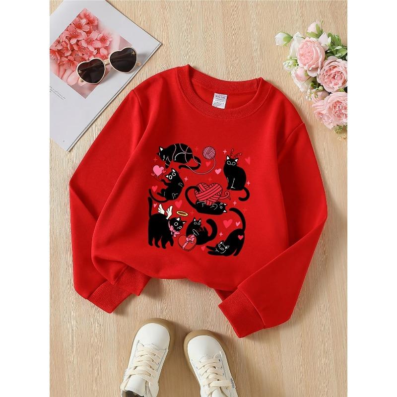 European sizes Kids' Crewneck Sweatshirt-Black Cats Hearts Yarn Love Fun Pattern,Sportswear And Casual Wear, Soft And Comfortable, Children's Clothing