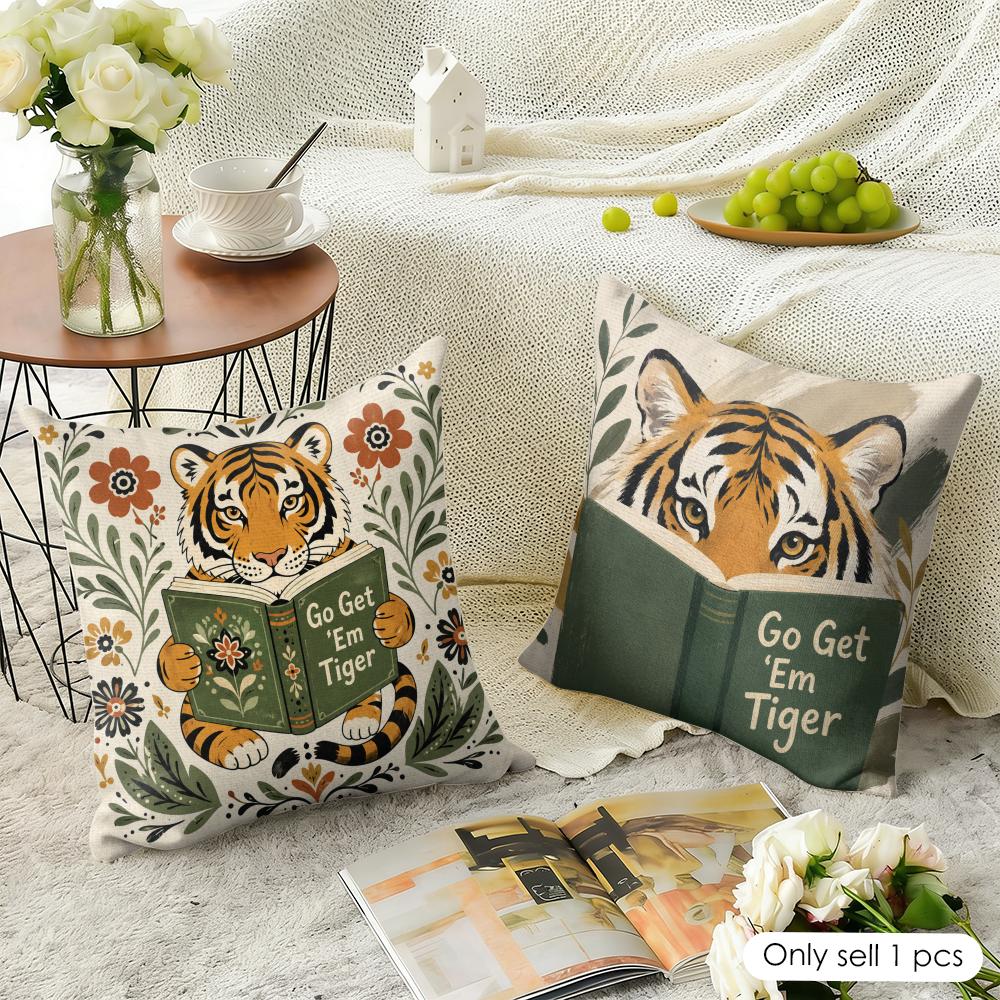 Go Get Em Tiger Cushion Cover Natural Linen Organic Fabric Double-Sided Printing Breathable Perfect For Home Decor
