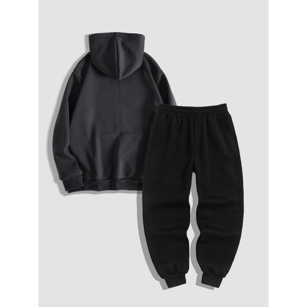 Street Style Cool Męski Zestaw Podstawowy, Męska Bluza z Kapturem na Zamek z Gotyckim Ciemnym Nadrukiem i Spodnie Dresowe Dwuczęściowy Zestaw