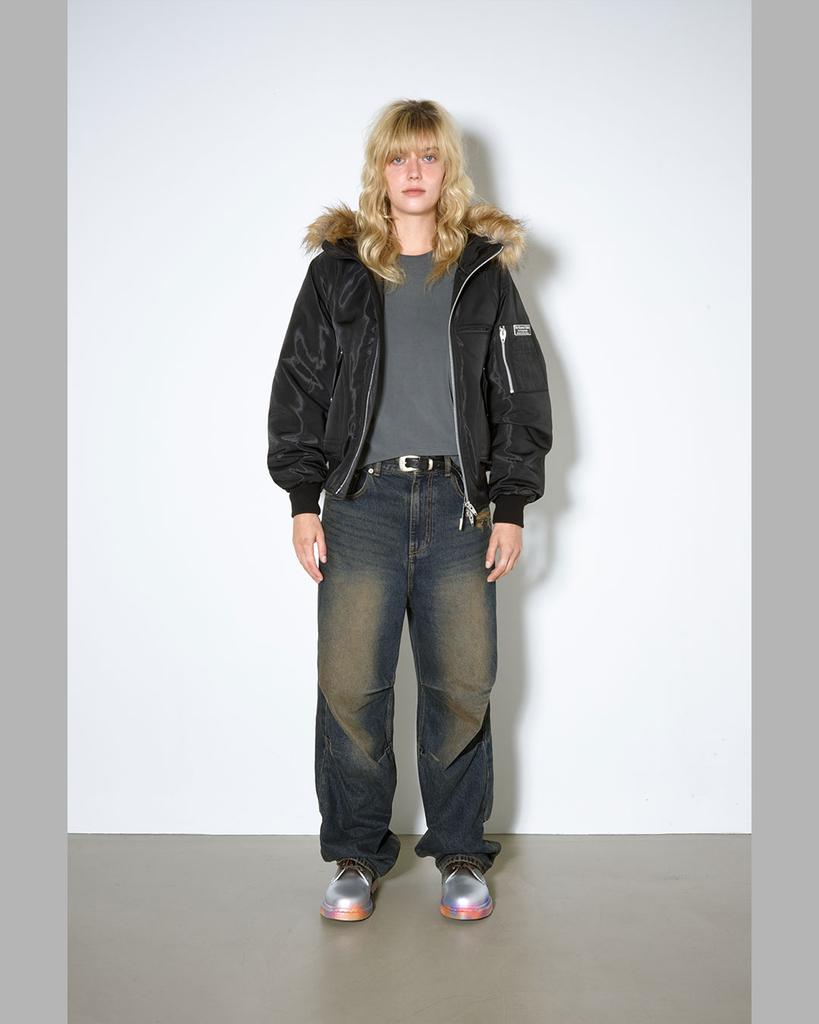 Themuseumvisitor Fur Hood Metal Logo Ma-1 Jumper (Black)