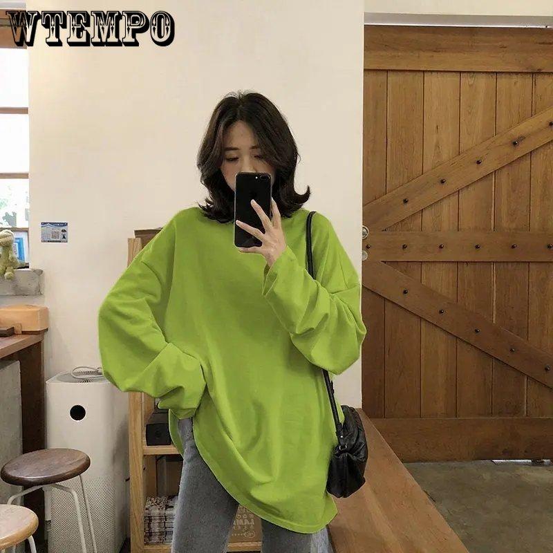 WTEMPO Spring Autumn Solid Simple O-Neck T-Shirts Harajuku Long Tops Women Casual White Yellow Long Sleeve Kawaii Tops