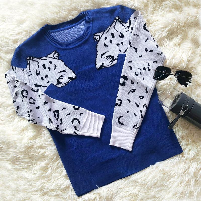 Podzimní a zimní dámský leopardí vzor pletený svetr s dlouhým rukávem vlněný svetr