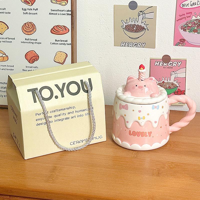 Ceramic Mug with Lid Cartoon Birthday Gift Cup for Women Office Coffee Cup Household Water Cup Creative Gift Box