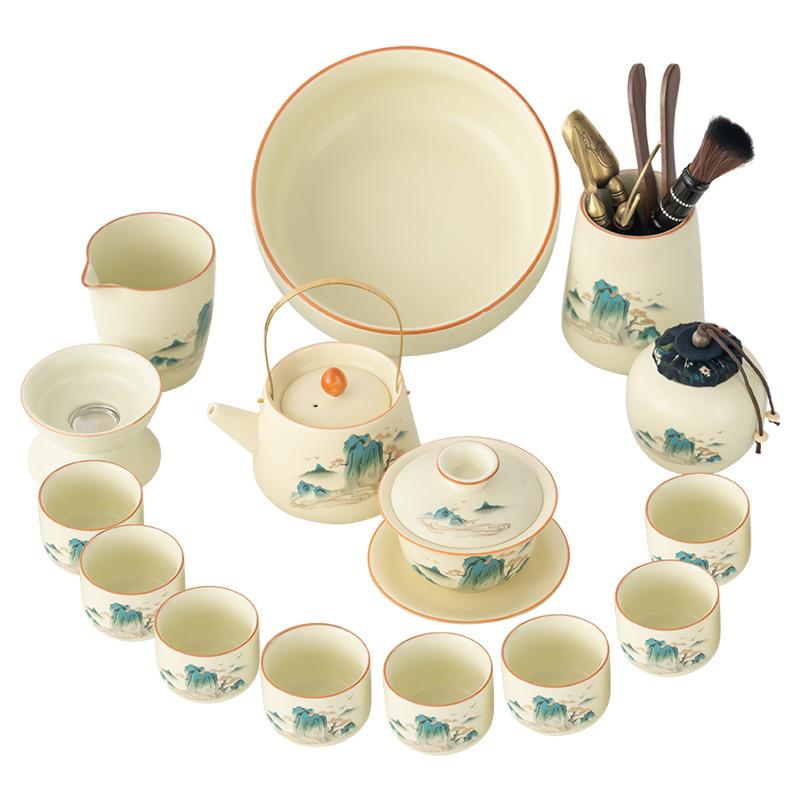 

Ru Kiln Splendid Mountains and Rivers Kung Fu Tea Set Household High-end Brewing Teapot Light Luxury Style