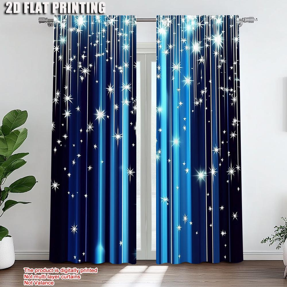 2Pcs Starry Night Sky Window Curtain Rod Pocket Polyester Drapes Blue Window Treatment For Bedroom Living Room Office