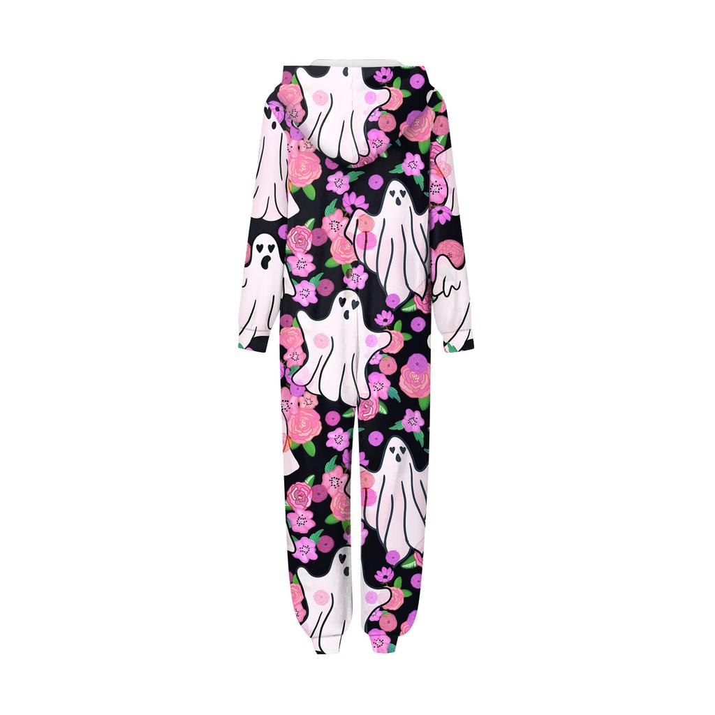 Halloween Printed Family Matching Hooded Long Sleeved Zippered Hooded Jumpsuit Set