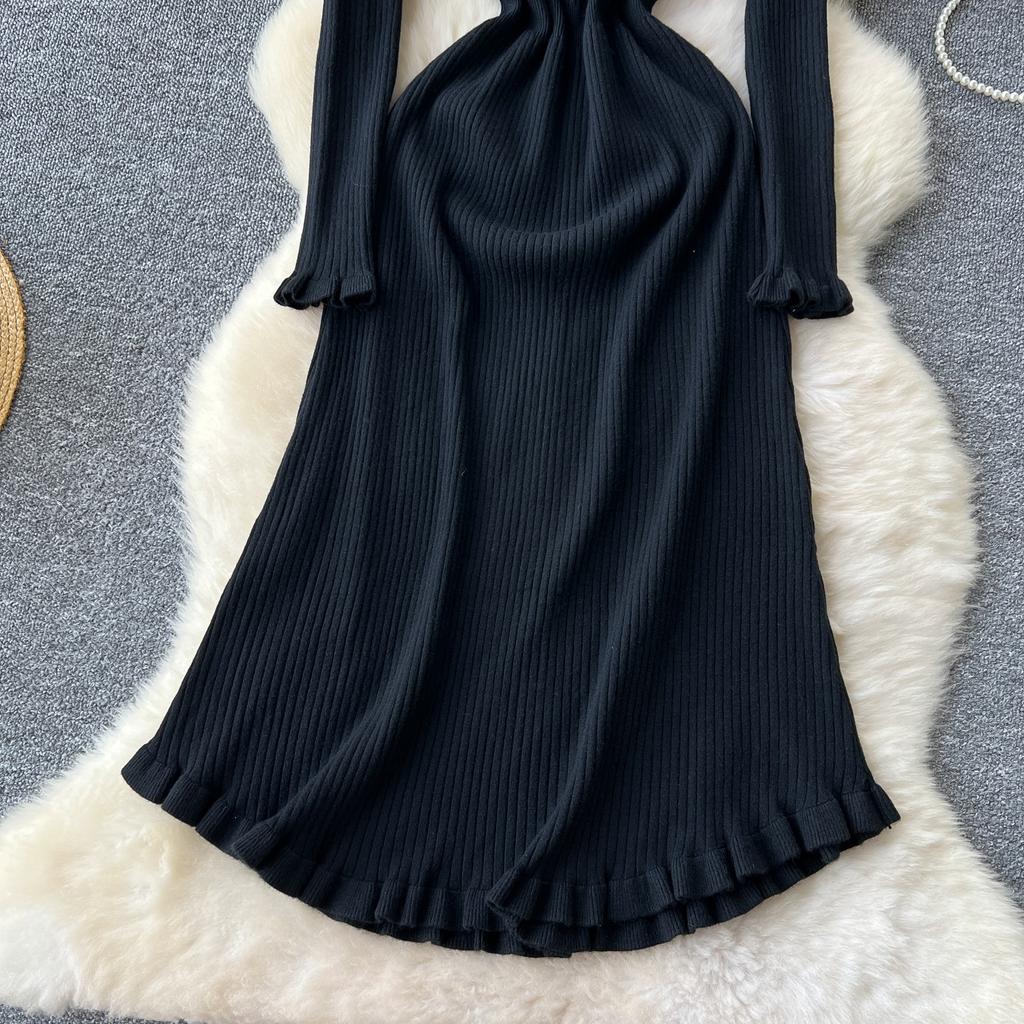 French Sweet  Elega O Neck Solid Knit Long Sleeve Ruffle Dress Women Basics Fashion Summer Spring Dress