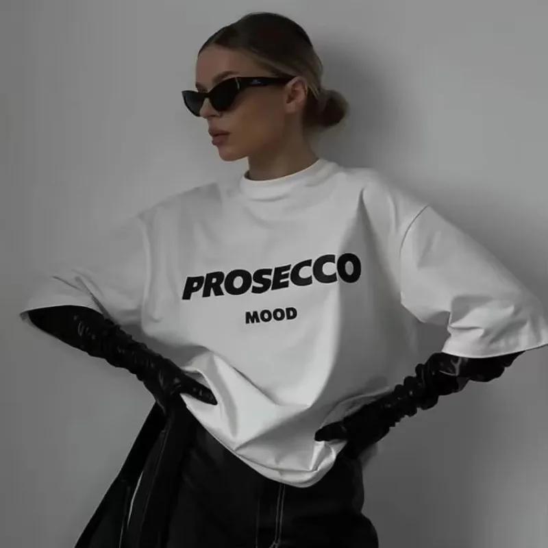 PROSECCO MOOD Letter Graphic Printed Cotton TShirts Women Summer Oversize Female Clothing Soft Round Neck Lady Y2k Tops