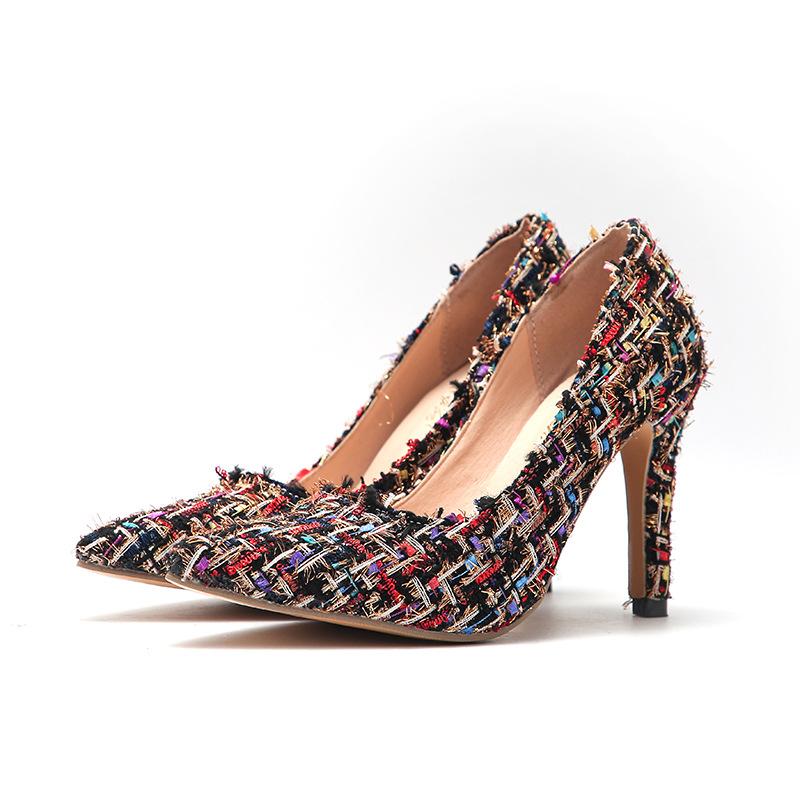 

European and American Fashion High Heels for Women 2024 New Fine Heel Pointed Knitted Wool High Heels for Large Women s Shoes 38 чорний