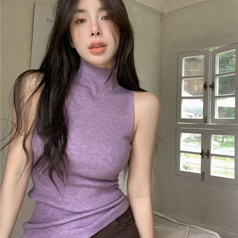 Damen Hot Girl Rollkragen Strick Camisole Sommer Grau Ärmelloses Tanktop Dehnbar Slim Fit Futter Top