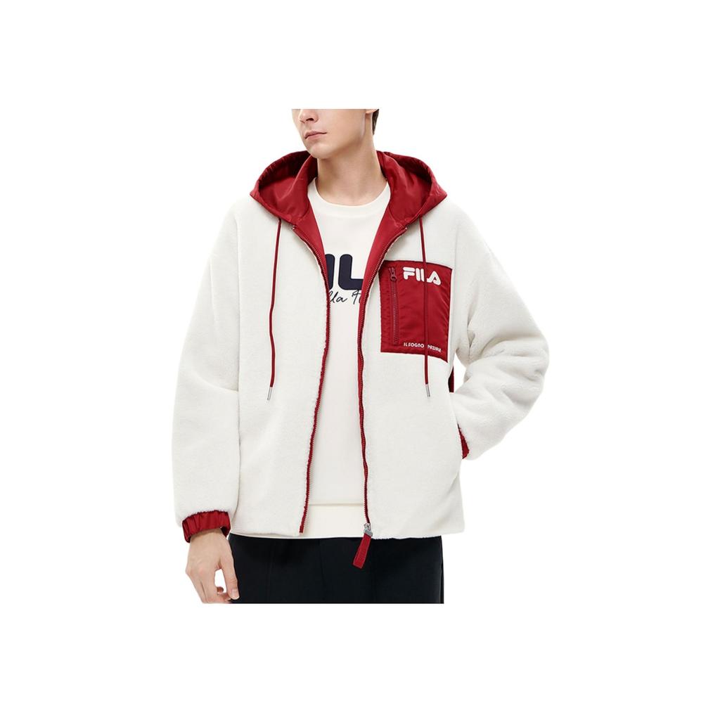 Fila Color Block Drawstring Hooded Simple Casual Faux Lamb Wool Jacket Men Jackets Cloud-Mushroom-White F11M249913F-WT