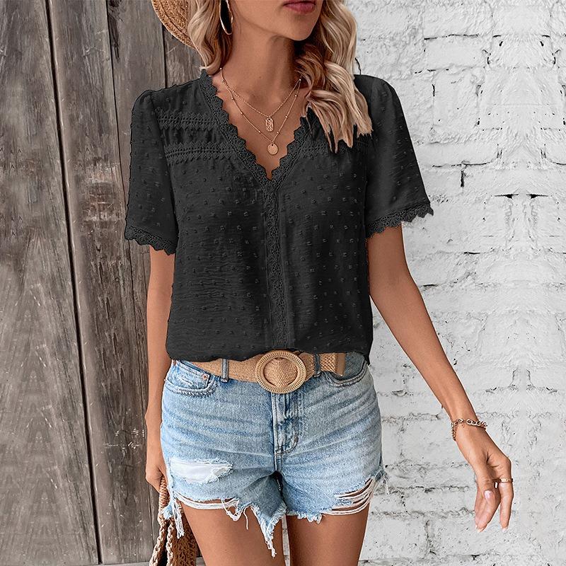 Women's Shirt Summer Casual Vacation Lace V-neck White Short Sleeve Loose Shirts for Women Elegant Tops Slim Fit Solid Color Women's Blouse New