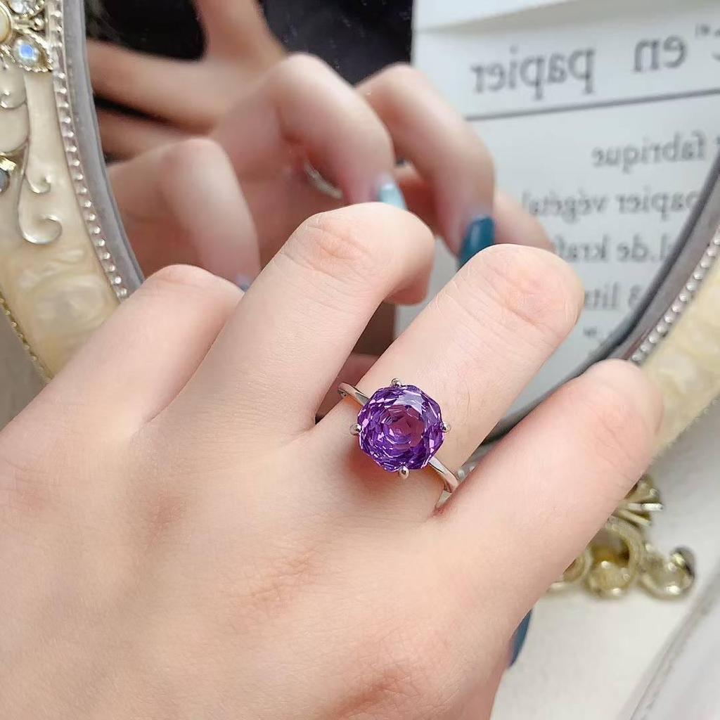 18K Gold Inlaid Amethyst & Citrine Ring, 925 Silver Electroplated, Rose Cut Faceted for Index Finger.