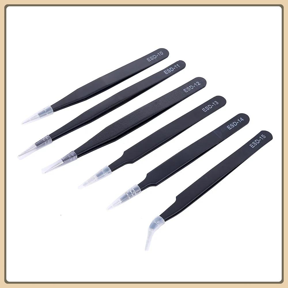 6Pcs Anti-static ESD Stainless Steel Tweezers Maintenance Tool Industrial Precision Curved Straight Tweezers Repair Tools Set