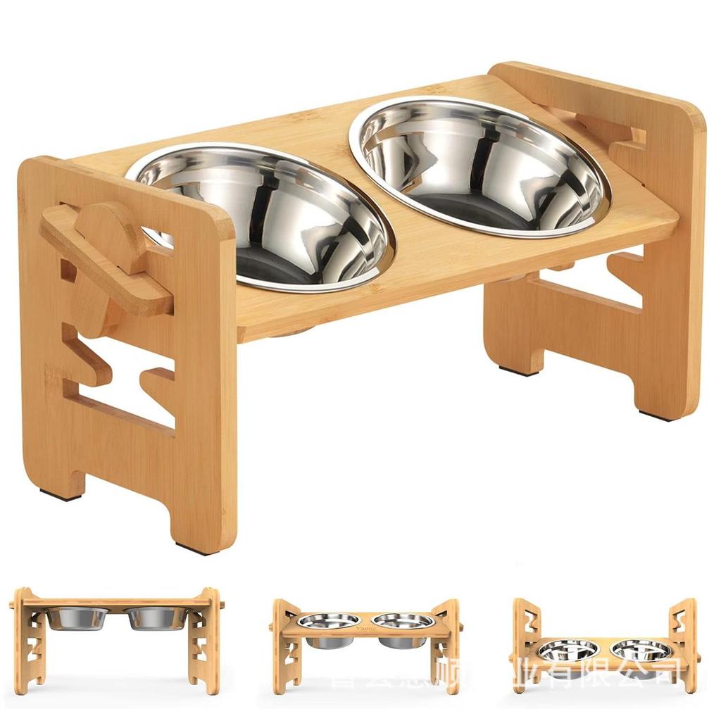 Adjustable Bamboo Wood Double Bowl Stand for Cats and Dogs - Elevate Pet Feeders for Neck Protection