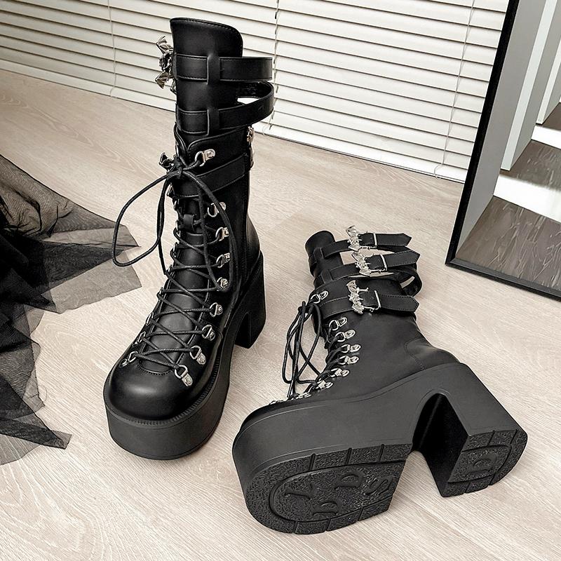Fashion 9.5 cm Punk Style Women Shoes Lace-up Platform Shoes Woman Rock Boots Metal Decor Thick Bottom Street Shot Knight 2025 New