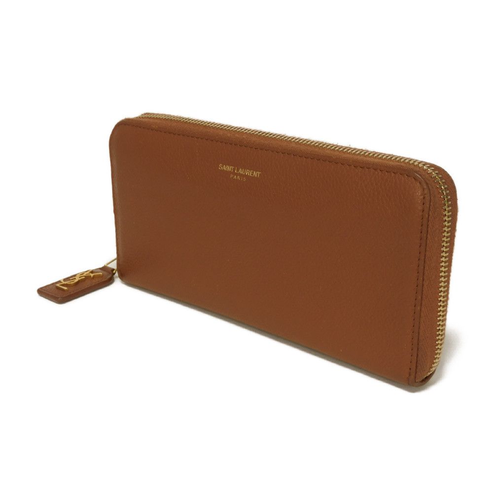 Used YSL Full Zip Wallet 9921 414680 B680J 6309 7940 Calfskin Brown Zip Around Logo Foil Stamp Brick Unisex from Japan