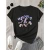 European Size Women'S Floral Print T-Shirt - Short Sleeve,Round Neck,Casual Spring/Summer Top with Vibrant Purple & Blue Flower Design,Everyday Tshirt