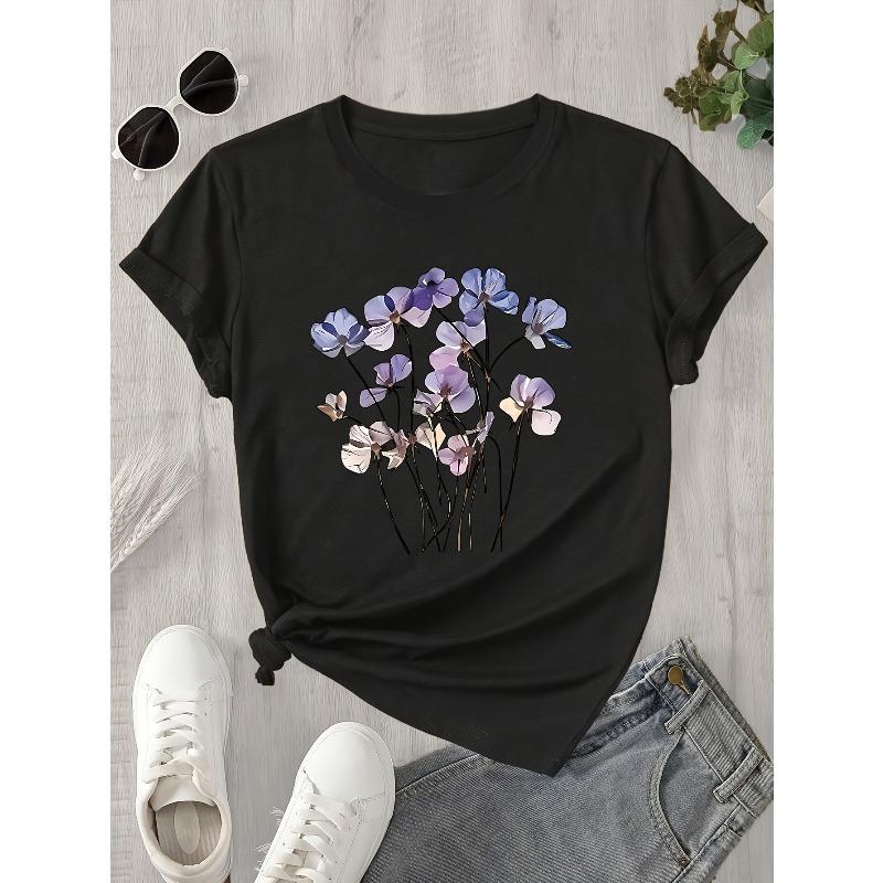 European Size Women'S Floral Print T-Shirt - Short Sleeve,Round Neck,Casual Spring/Summer Top with Vibrant Purple & Blue Flower Design,Everyday Tshirt