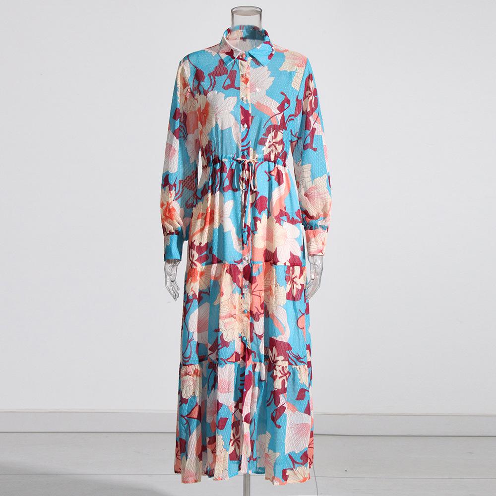 2026 Spring European & American Style Elegant Print Long Sleeve High Waist Dress for Women L синий