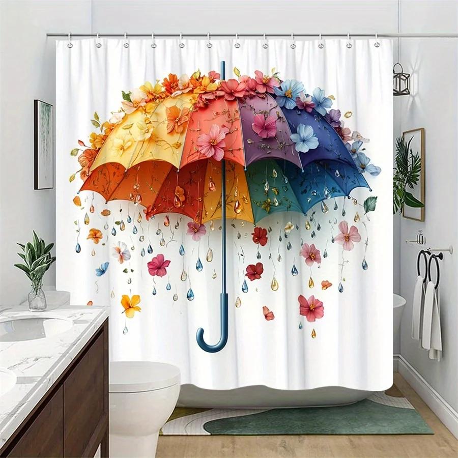 1pc Vibrant Multicolored Umbrella with Floral & Raindrop Design Shower Curtain, Whimsical Elegance, 70.86x70.86in, 12 Hooks, P