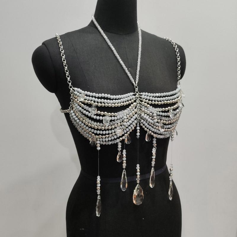 Women's Glass Crystal Beads Body Jewelry Multi Layered Chest Chain Bralette For Music Festival And Photoshoot Costumes