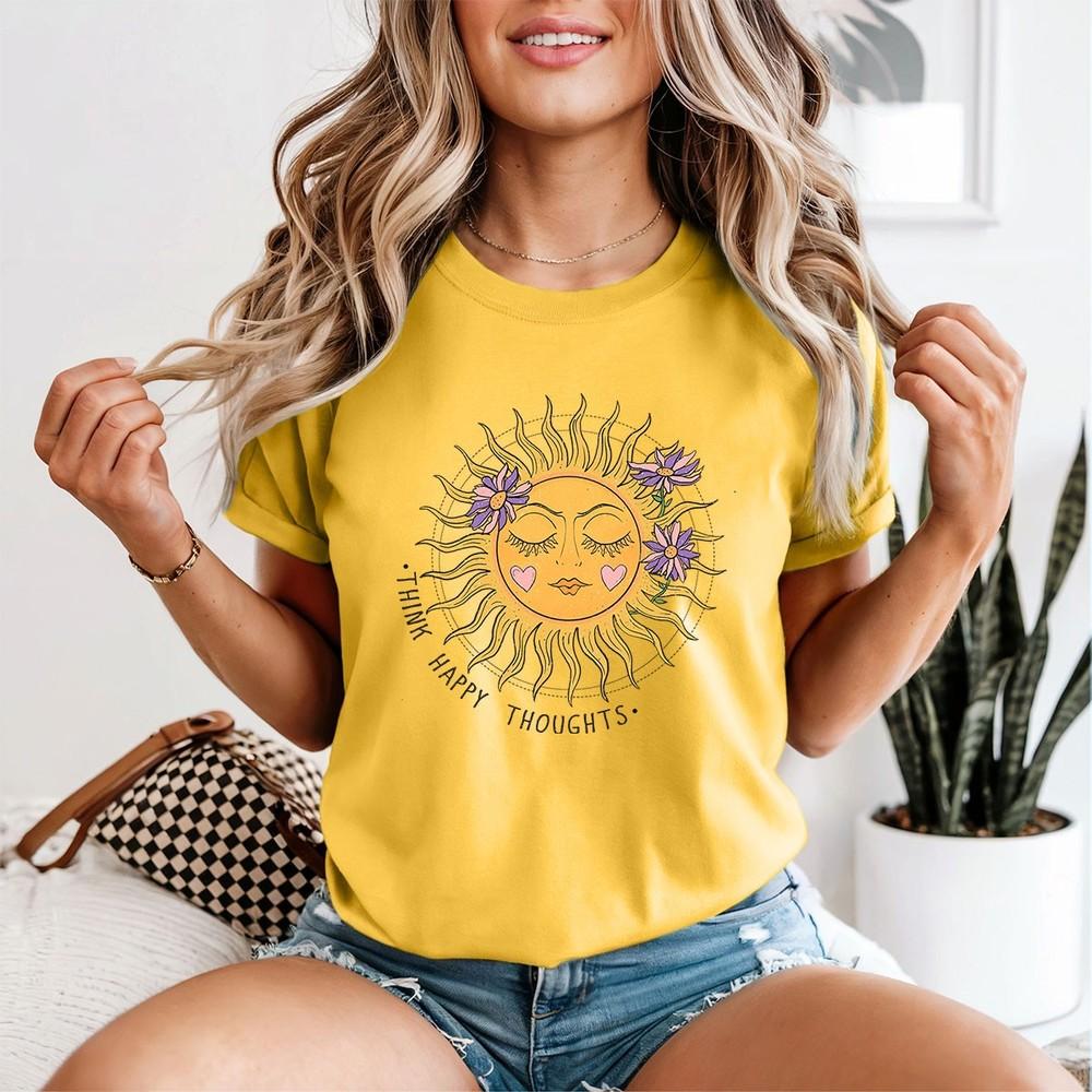 

Think Happy Thoughts Sun Flowers Positive Affirmation Wellness Womens Tee 2XL