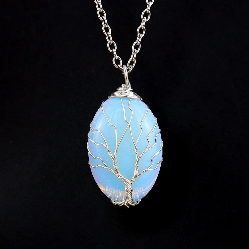 Natural Rough Crystal Amethyst Tiger Stone Oval Tree Of Life Pendant Necklace N643