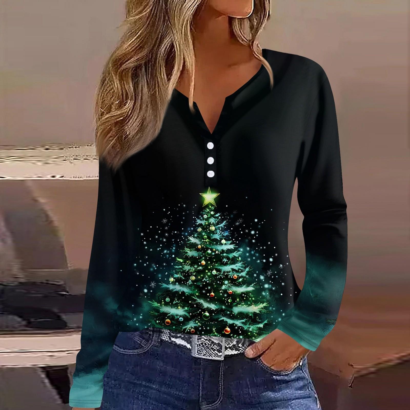Женская футболка с рождественским принтом на пуговицах с длинным рукавом — фото 10