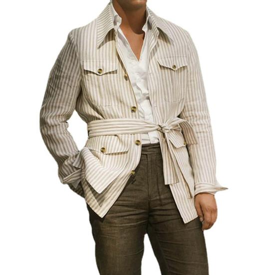 

Мужское пальто, винтажная однобортная осенняя рубашка в полоску с отложным воротником для повседневной носки M хаки