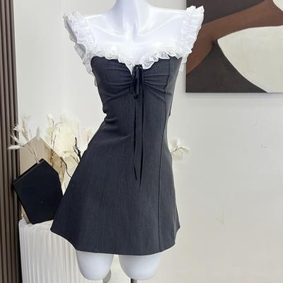 2023 Women Summer Off Shoulder Mini Dress Sexy Elegant Vintage Fashion Party Club Sleeveless Grey Dress Female One Piece Frocks
