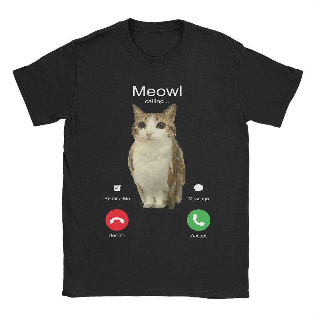 Men TShirt Meowl Is Calling Phone Call Meme Brainrot Funny Cat Owl Cotton Tees Short Sleeve T Shirts Round Neck Clothing